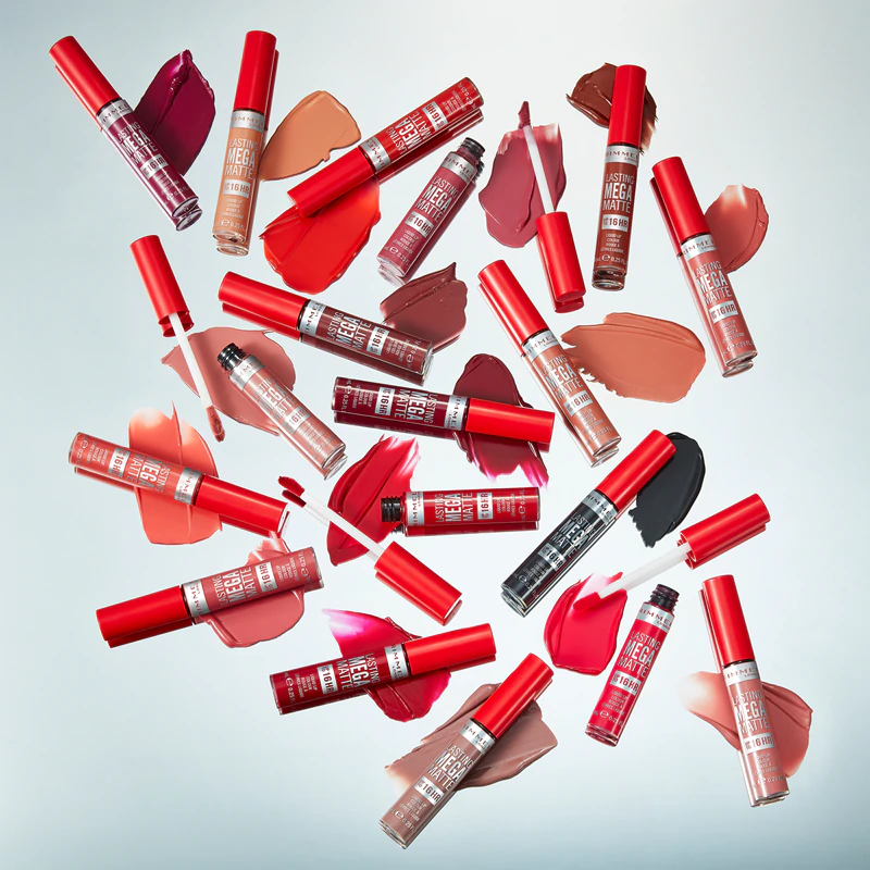 Batom líquido matte leve Rimmel Lasting Mega Matte com duração de 16 horas.
