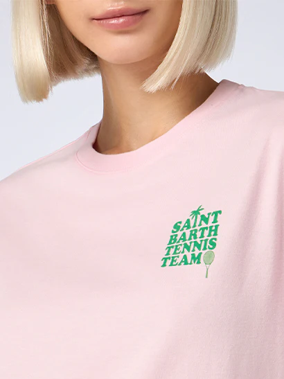 Roze katoenen T-shirt met print van het St Barth tennisteam.