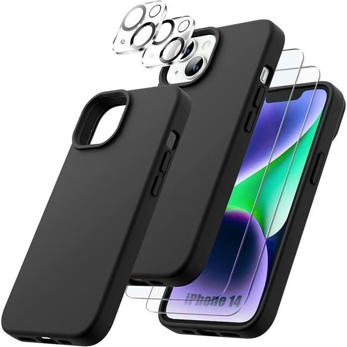Protective case - BOOLING - for iPhone 14 - Black Silicone - Slim + 2 Screen Protectors + 2 Camera Lens Protectors
