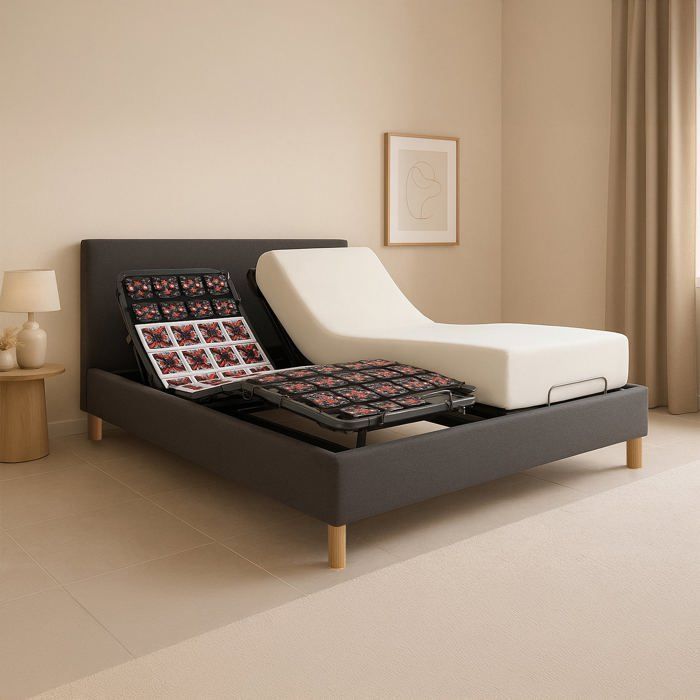 Pacchetto letto elettrico con materasso 200x200 cm - Grigio scuro - Rete a doghe regolabile + Struttura letto in tessuto + Materasso