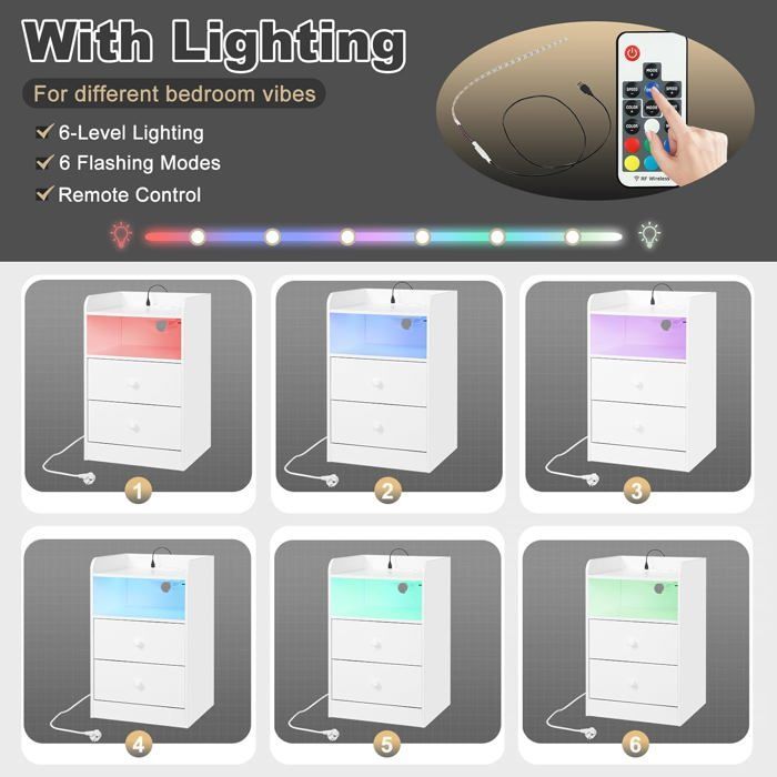 WOLTU Set van 2 nachtkastjes met LED-verlichting, bijzettafel met oplaadstation, stopcontacten en USB-poorten, wit W0ETT0150-2