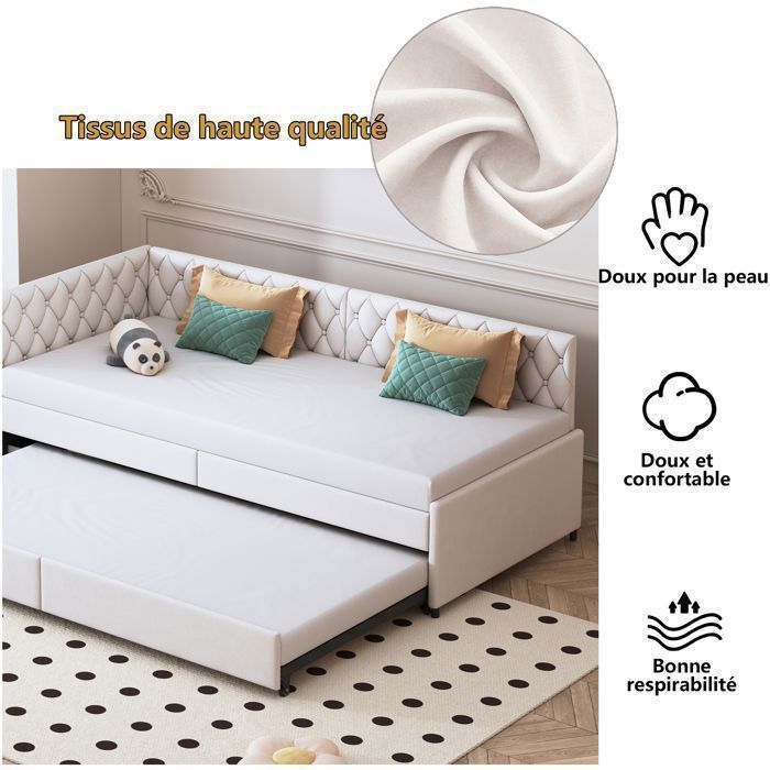 Canapé-Lit Clic-Clac 90x200 cm Déplié 180x200 cm - Velours Beige - Convertible Design Losange Capitonné