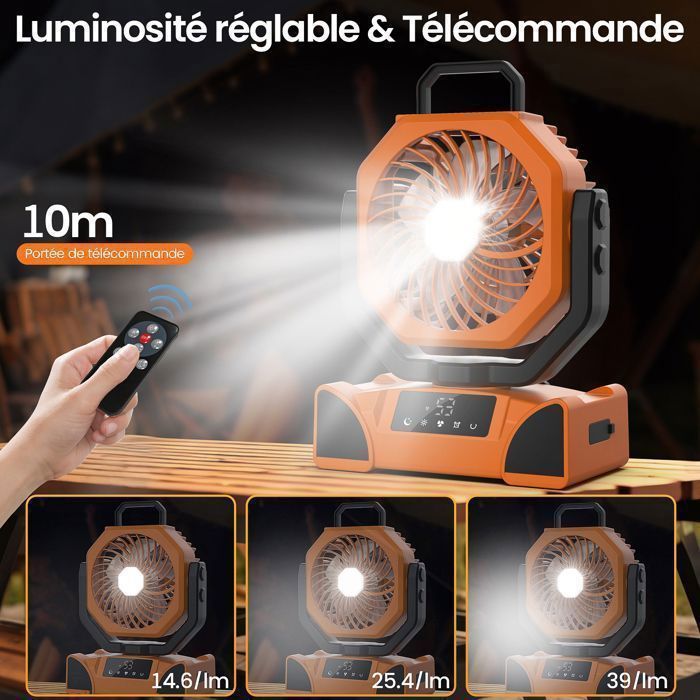 Ventilateur de Table USB Rechargeable 20000 mAh - Puissant, Portable, Silencieux avec LED, Minuterie - Extérieur, Bureau