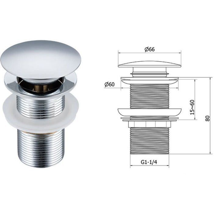 Pop-up basin waste - MICH - Without overflow - Universal - Chrome-plated copper - Anti-erosion - Anti-abrasion