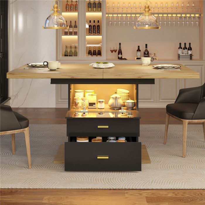 Mesa de comedor de madera extensible para 4 a 6 personas con iluminación LED, mesa de cocina de 110-140 × 80 cm con almacenamiento y cajones, color negro.