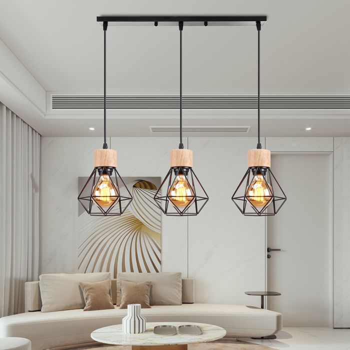 UNI Suspension Luminaire en Bois Fer Lustre Suspension Deisgn Vintage Industrielle pour Salle à Manger Chambre Salon Noir