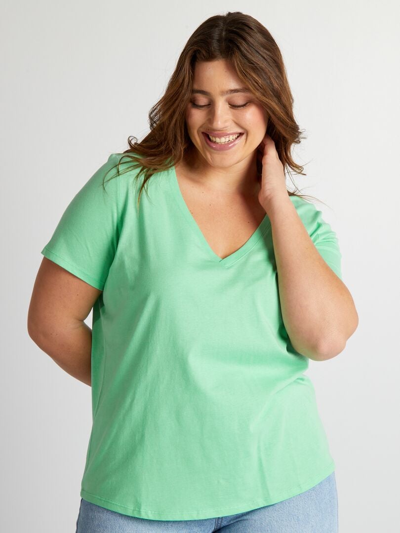 Camiseta de punto con cuello en V - VERDE