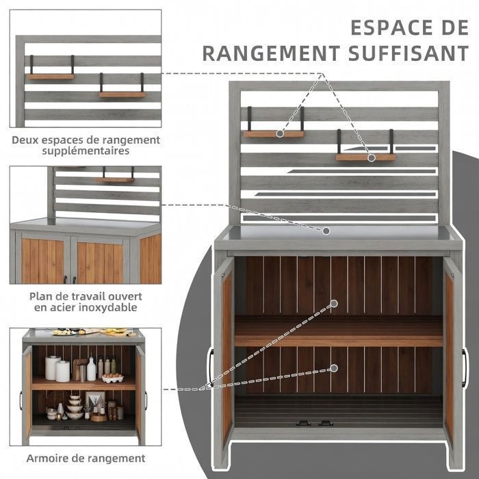 Mobile contenitore da giardino nero per esterni - Armadio resistente alle intemperie con piano di lavoro in acciaio inox, ampio cassetto, ripiani regolabili, sistema antiribaltamento