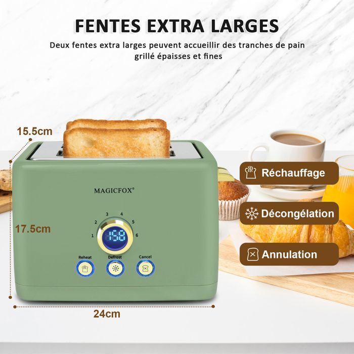 Torradeira Digital MAGICFOX ClassicToast - 840W, 2 Ranhuras Extralargas, Ejeção Automática, 3 Funções Pré-programadas - Verde