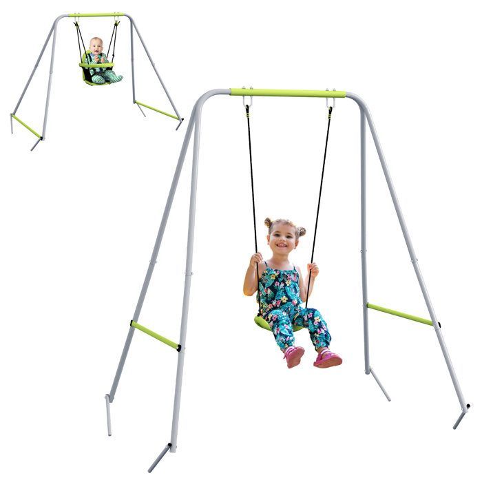 Outsunny 2-in-1 Children's Swing Set - 5-Point Indoor/Outdoor, Foldable - Metal - Green