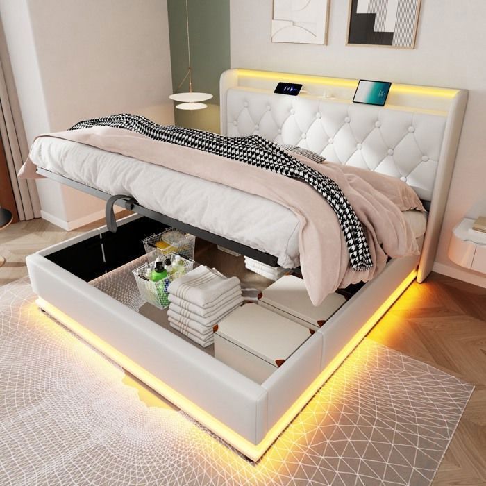 Valkoinen säilytyssänky 180*200 cm, parisänky, king size -sänky, pehmustettu sängynpääty USB-C-liitännällä ja 360 surround LED -toiminnolla, PU