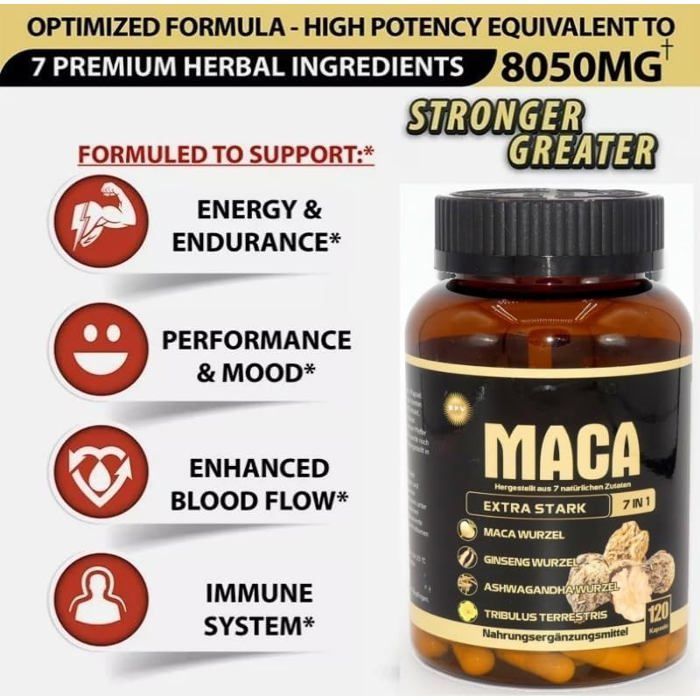 120 gélules de maca | Hautement dosées | Avec tribulus + ginseng + ashwagandha + shilajit + poivre noir et shatavari