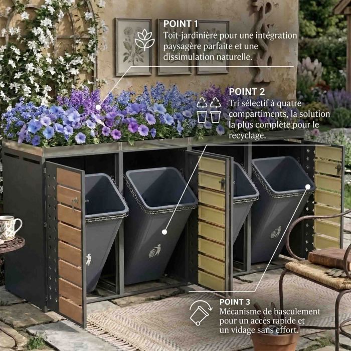 Tapa para contenedor cuádruple 132×80×124,5cm - Jardinera - Reciclable y con cerradura - Acero galvanizado y madera