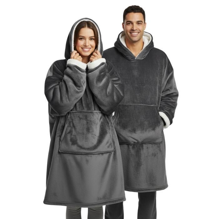 Plaid Pull Sweat à Manche et Capuche avec Poche – Taille Unique 118 x 85 cm Adulte Homme et Femme - Intérieur Sherpa - Coloris Gris