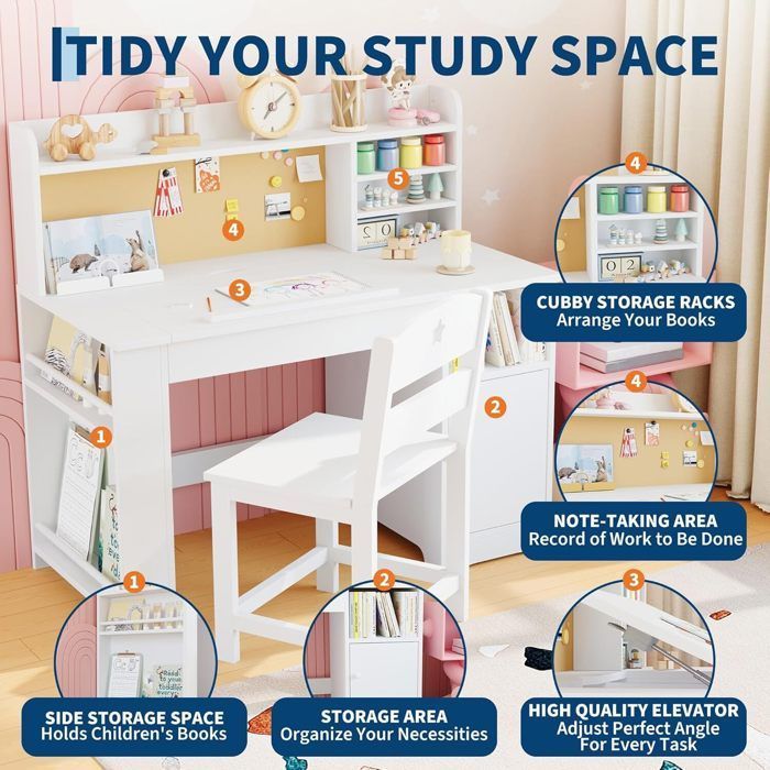 Kinderbureau met stoel - 97x47x101 cm - 1 kast met deur + boekenplank bovenop + prikbord - wit