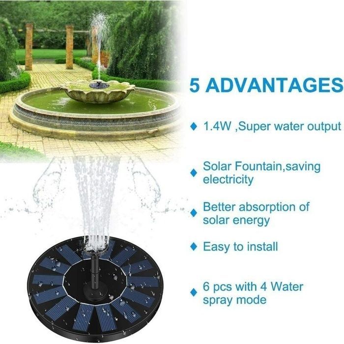 Bomba solar para fuente AIMOONSA de 1,4 W y 150 l/h, Ø16 cm, 4 boquillas, IPX8