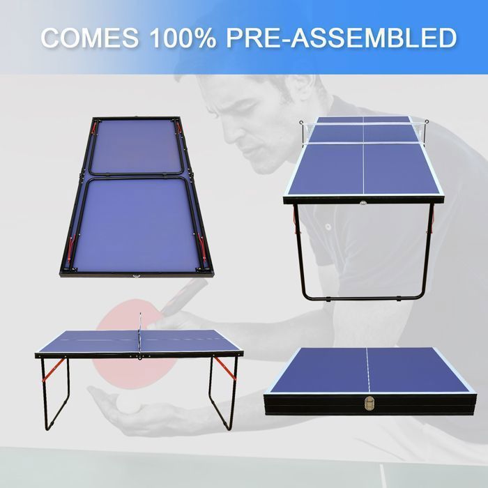Table de tennis de table avec filet et jeu de raquettes, pliable pour une utilisation,surface bleue,2 raquettes et des balles