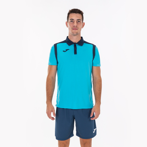 Camisa polo de manga curta Joma Championship V, turquesa fluorescente azul marinho