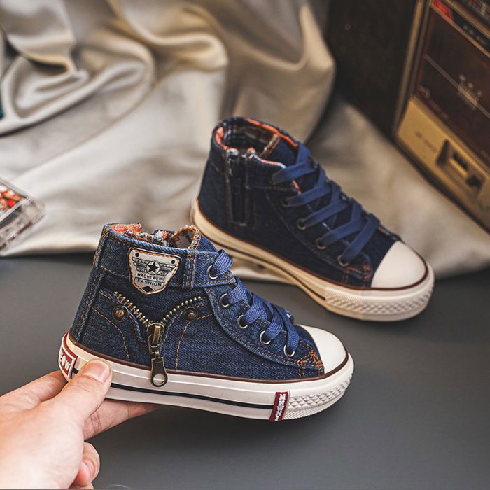 Kindersneakers van canvas met hoge schacht, lichtgewicht, ademend en antislip denim voor jongens en meisjes - Donkerblauw