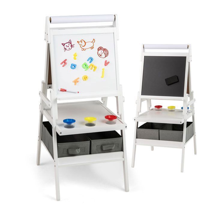Tableau Enfant 3 en 1 - DREAMADE - Chevalet Enfant Double Face - Rouleau de Papier - 3 Pots de Peinture - 2 Boîtes en Tissu - Blanc