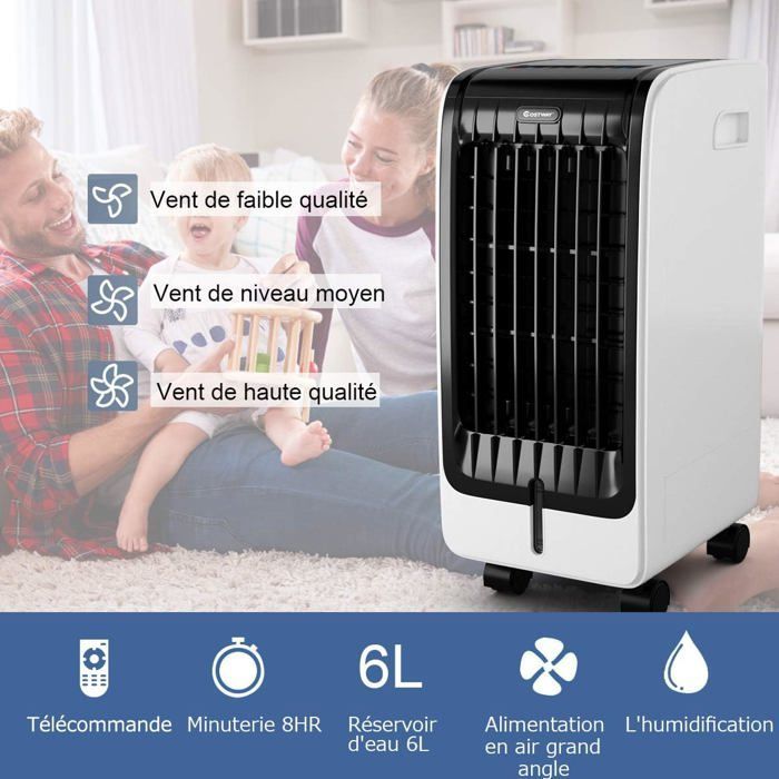 Enfriador de aire COSTWAY 6L 4 en 1 - Aire acondicionado portátil, ventilador de 75W - Control remoto - Temporizador de 8 horas - 3 velocidades - 32x25x57 cm - Pantalla LCD