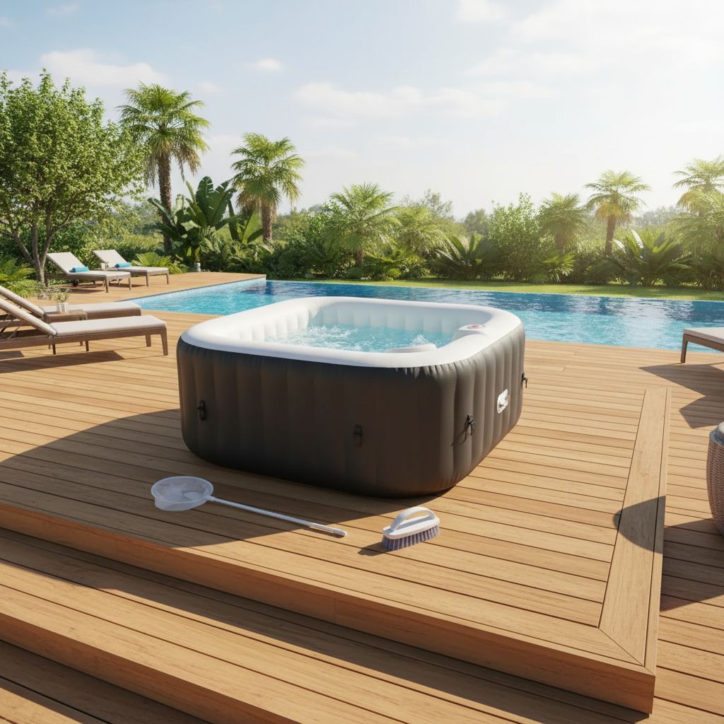 KIT TOUT INCLUS SUNSPA: spa gonflable carré 6 places et accessoires : 4 appuis têtes, filtre, épuisette, brosse, tapis, couverture