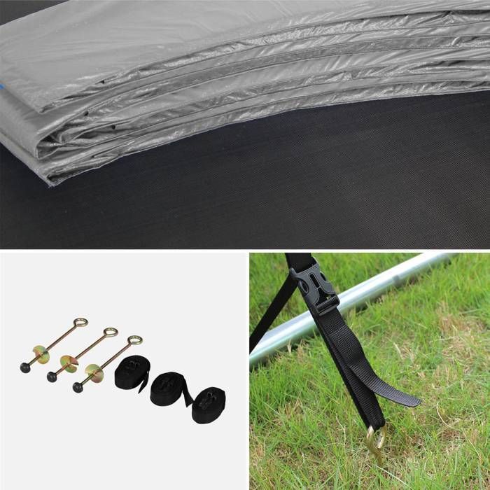 250cm trampoline. Grey. With safety net, cover, shoe net, and anchoring kit.