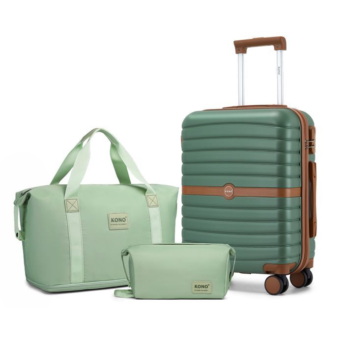Juego de 3 maletas de viaje Kono, maleta de 55 cm con 4 ruedas y cerradura + bolsa de viaje plegable con neceser, color verde.