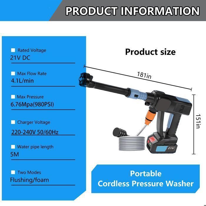 Cordless High Pressure Washer with 2 x 4000mAh Batteries, 6-in-1 Wash Gun with Tap Connector for Cars - 50bar