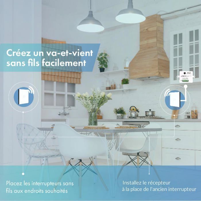 Wireless touch switch kit, no neutral required - Ready-to-install two-way switches - 5 wall-mounted remote controls + 1 radio module