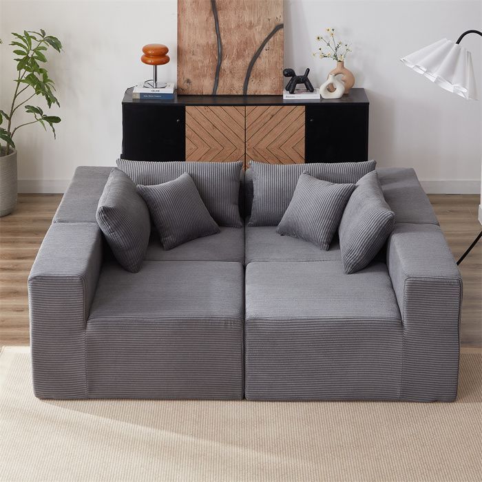 Sofá modular DRIPEX de 4 lugares em veludo cotelê, 335 cm, sofá estofado compacto com 4 almofadas, combinação livre, cinza