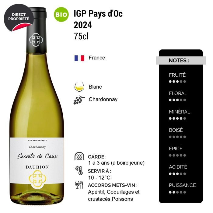 Daurion Pays d'Oc Secrets de Caux Chardonnay 2024 - Vin Blanc du Languedoc - Roussillon (6x75cl) BIO