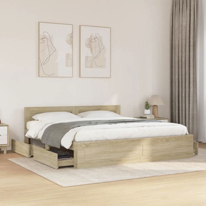 Estructura de cama vidaXL con cabecero, roble Sonoma, 200x200 cm, muebles de dormitorio, cama doble, somier de láminas, estructura de cama 3295536