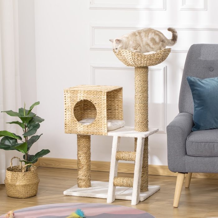 Krabpaal - PawHut - krabpaal, 100,5 cm hoog, met kussens, ladder en speelcentrum - lisdodde - hout