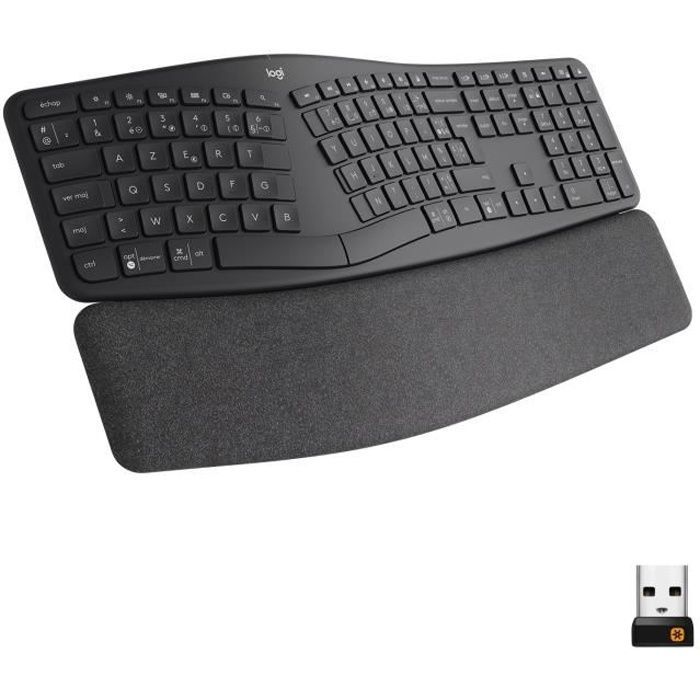 Teclado inalámbrico Logitech ERGO K860 AZERTY ergonómico con reposamuñecas, color negro.