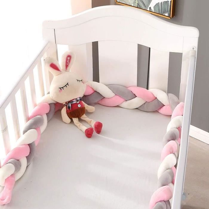 Protector de cuna 3M con diseño de serpiente, cojín trenzado de terciopelo, protección para bebés, color gris, blanco y rosa.