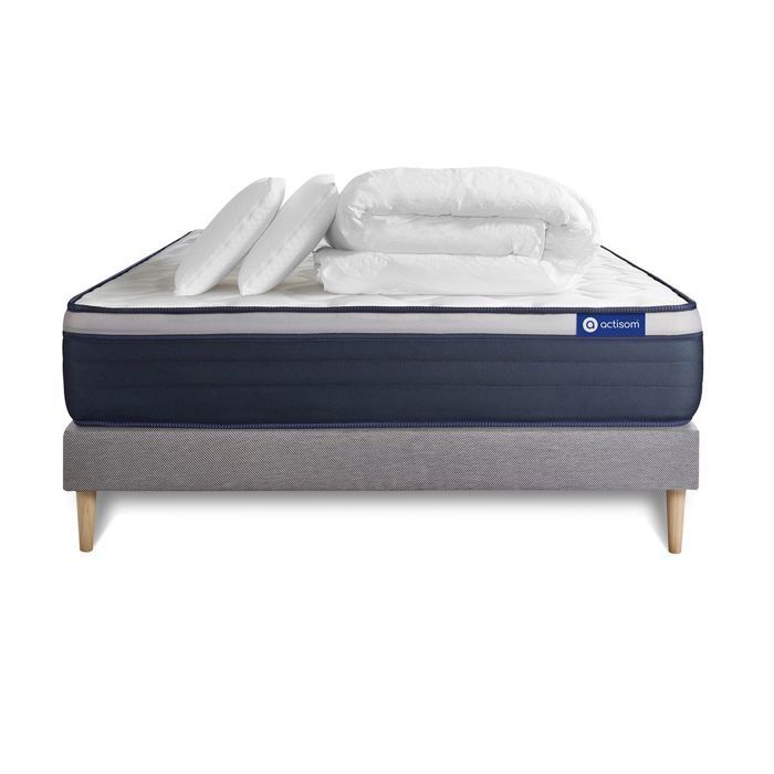 Complete bed set 140x190 cm - Mattress + Grey bed base (assembly required) + 2 pillows + Duvet - Actimemo Max