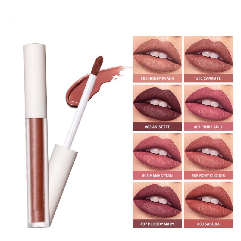 Brillo labial mate resistente al agua, tinte labial aterciopelado, maquillaje labial que no se transfiere, cosméticos labiales suaves, labial líquido nude.