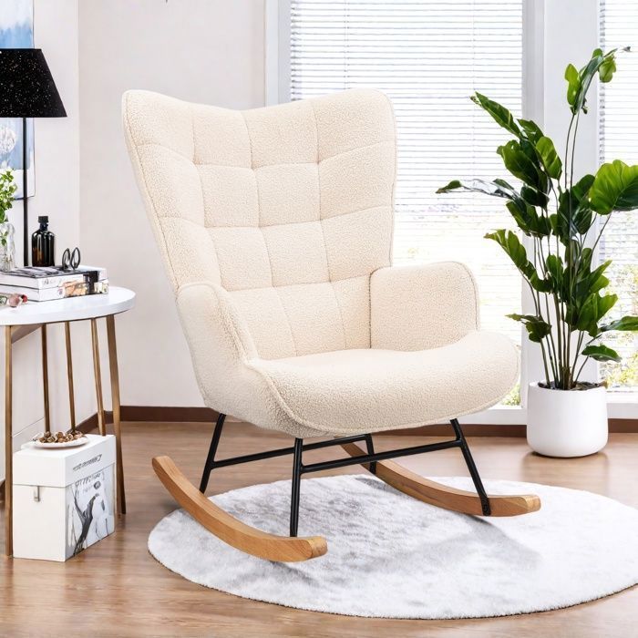 Fauteuil à bascule,rocking chair avec accoudoirs,Pieds en bois massif,Pour le salon, chambre,peluche d'agneau,beiges