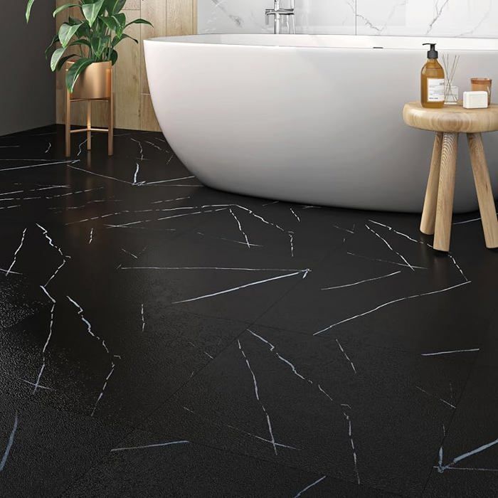 Baldosa autoadhesiva de PVC para suelo ReWallpaper, imitación mármol, negra, 30 cm x 30 cm, suelo negro para baño, linóleo 3