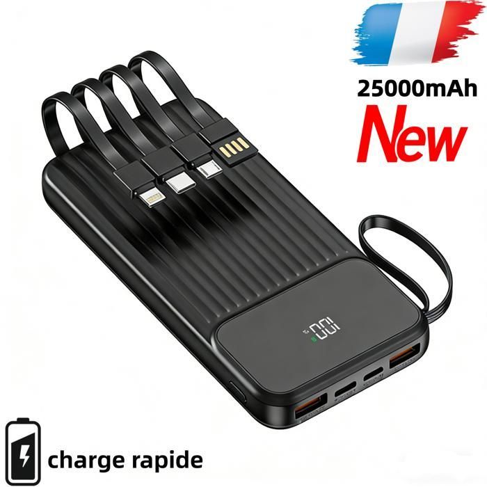 Weuiortn®25000mAh Batterie Externe Portable LCD Power Bank avec 4 lignes données convient tous les téléphones mobiles