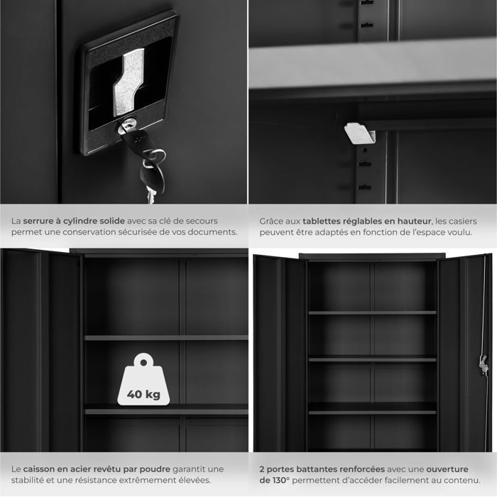 Office storage - TECTAKE - Metal filing cabinet with 3 adjustable shelves and 2 keys - 90 cm x 40 cm x 140 cm - Black