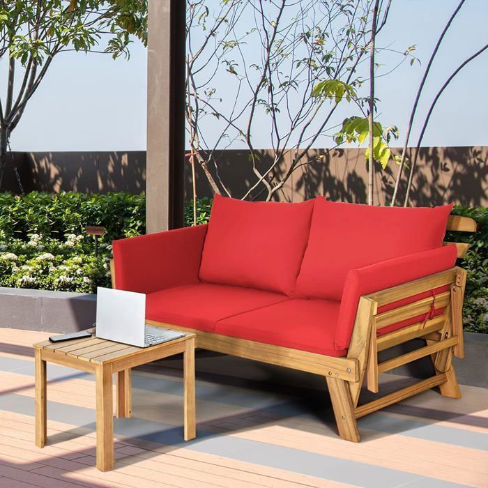 Sofá cama extensible de jardín GIANTEX - 2 plazas - Cojín - Almohada - Certificado FSC - Silla para interior y exterior - Madera de acacia - Capacidad de carga de 320 kg - Rojo