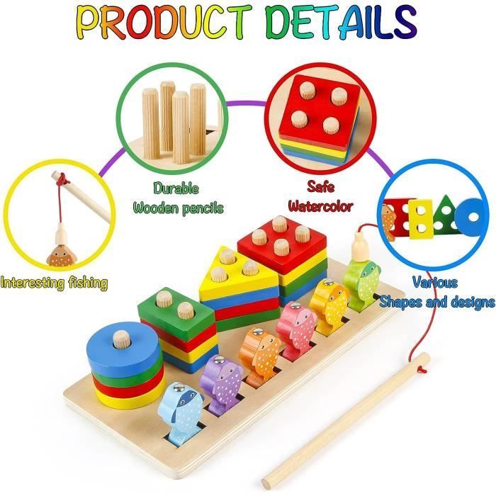 Juegos Montessori para niños de 1, 2, 3 y 4 años, juguete educativo 2 en 1 para niños y niñas, juguete de madera para apilar y clasificar, juego de pesca de madera.