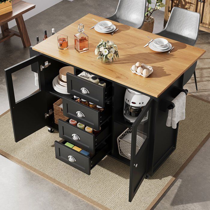 Carrito de cocina - Isla de cocina con ruedas giratorias de 360°, 4 cajones, estantes ajustables y gran capacidad de almacenamiento - Negro