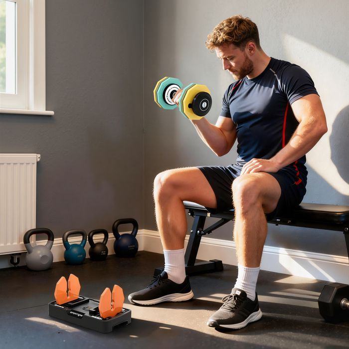 SPORTNOW Justerbar håndvægt - 5-25 kg - med opbevaringsbase, 5 vægtniveauer, skridsikkert håndtag, ottekantede vægtskiver