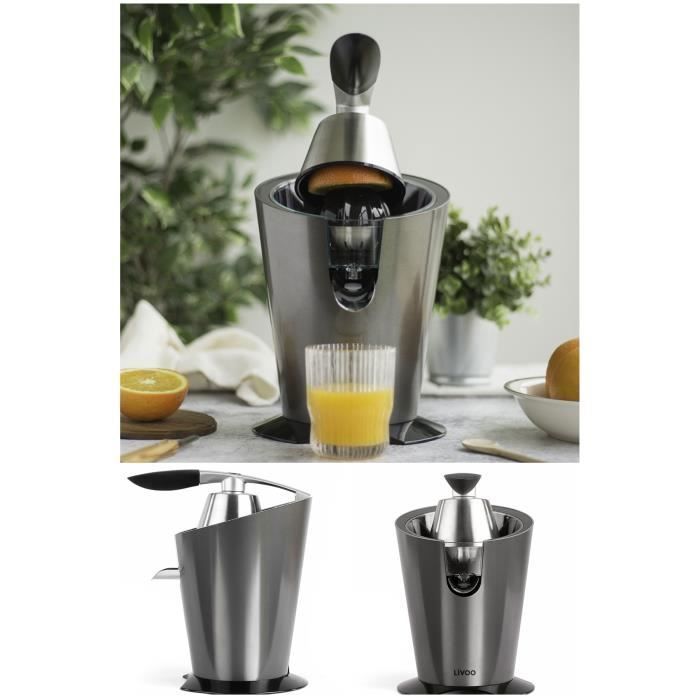 Spremiagrumi elettrico in acciaio inox con braccio articolato, potenza 160W, finitura grigia.