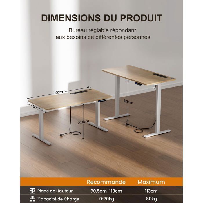 Scrivania elettrica HLONONE regolabile in altezza, 120 x 60 cm, con presa di corrente integrata e porta USB, colore legno.
