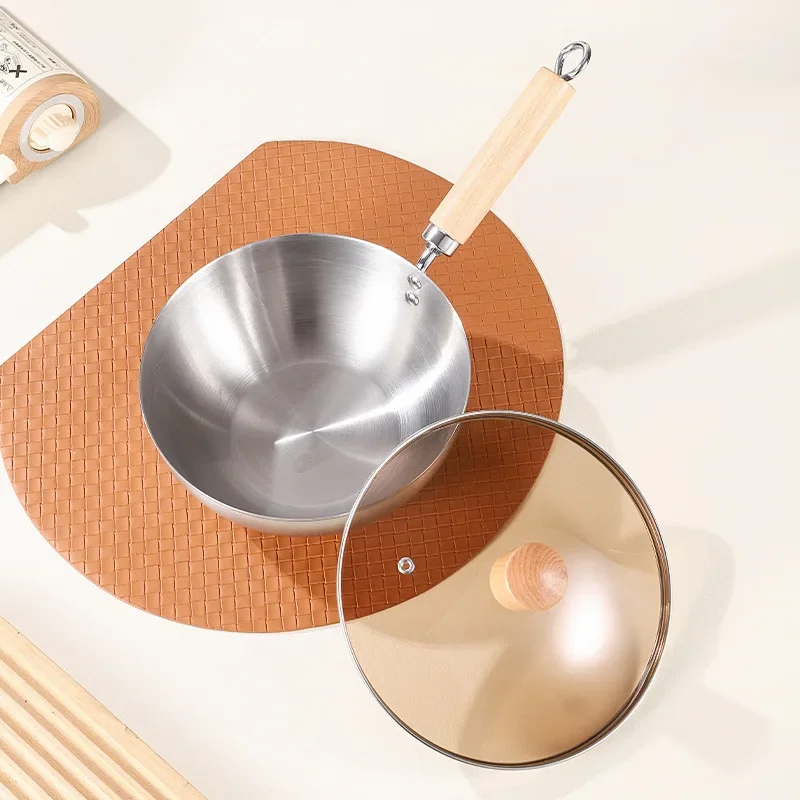 Poêle antiadhésive en acier inoxydable 430, petite poêle wok, compatible avec les plaques à induction et les cuisinières à gaz, sans revêtement, idéale pour la cuisine et les soupes.