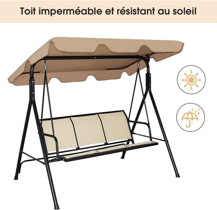 GOPLUS Balancelle de Jardin 3 Places 170x120x153CM,avec Auvent Réglable,Swing de Jardin Tissu en Textilène/Cadre en Acier,Brun